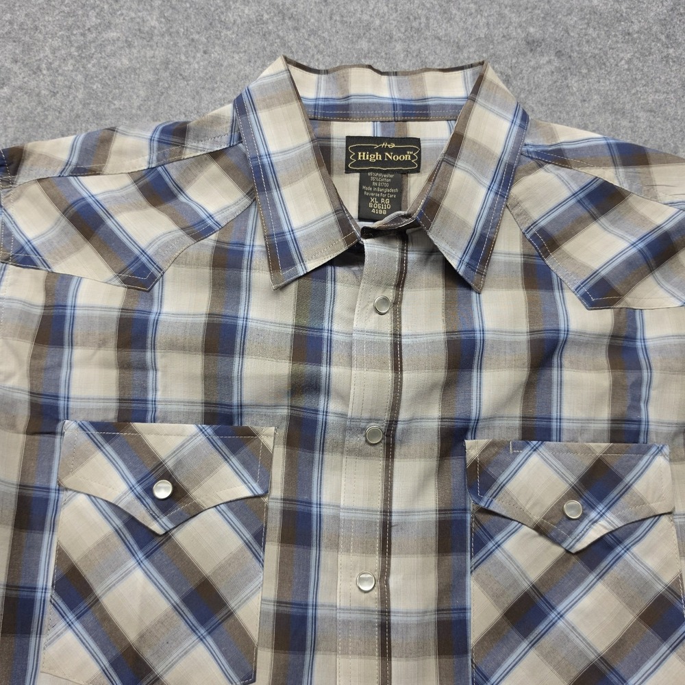 High Noon Western Shirt Mens Large Blue Brown Plaid Pearl Snap Long Sleeve